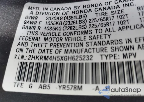 2016 Honda Cr-V Ex from USA, damaged, VIN 2HKRM4H5XGH625232